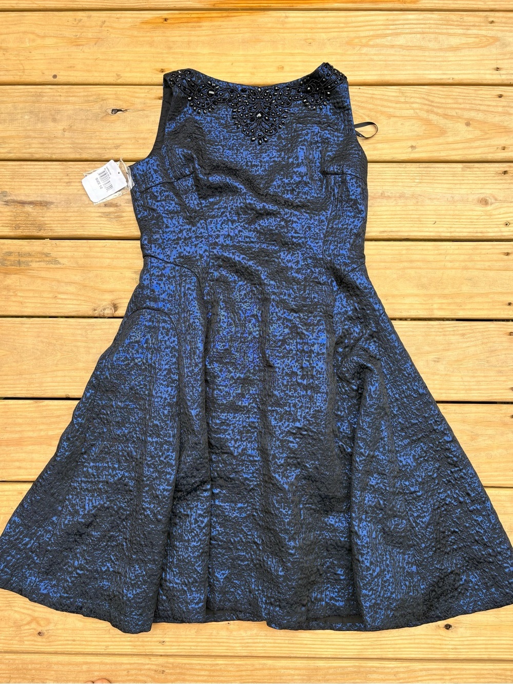 Maggy London Blue Black Metallic Beaded Fit Flare Cocktail Dress 12 NWT